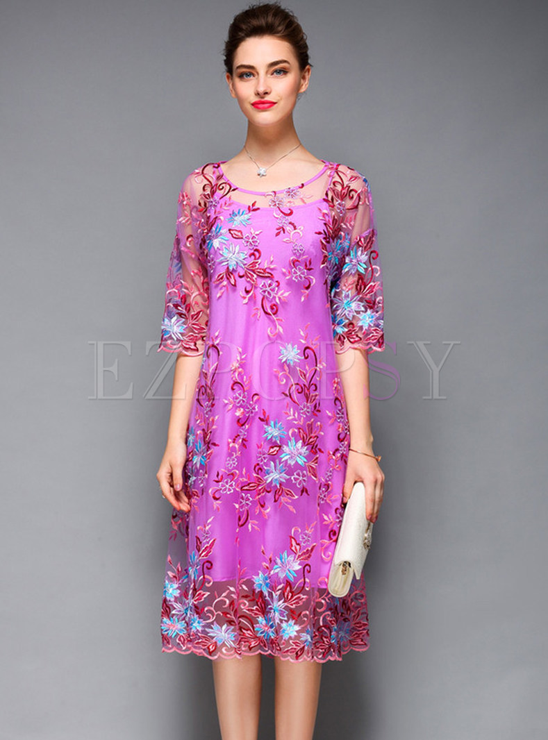 Brief Embroidery O-Neck Half Sleeve Mesh Shift Dress With Underskirt