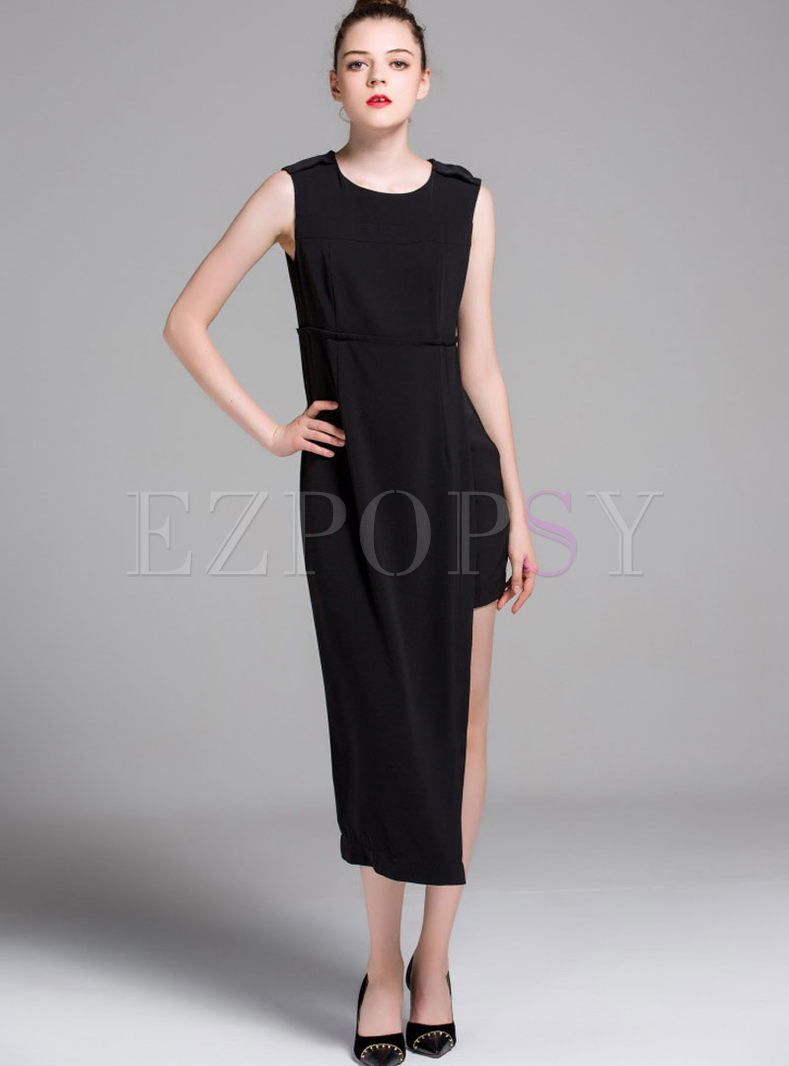Chic Asymmetric Sleeveless Patchwork Slit Bodycon Dress