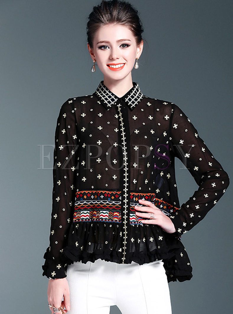 High-end Loose Embroidery Long Sleeve Blouse