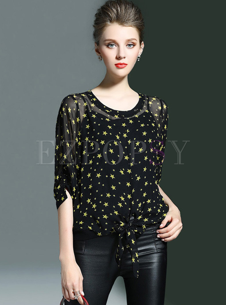 Casual Star Print Chiffon Blouse With Camisole