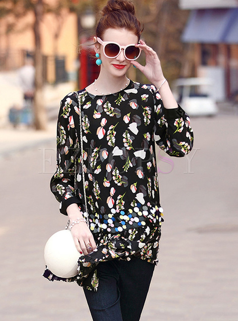 Bohemian Print O-Neck Sequined Loose T-Shirt