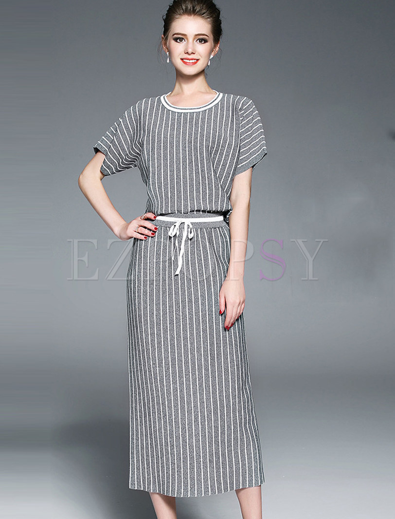 Casual Long Stripe O-neck Two-piece Outfits
