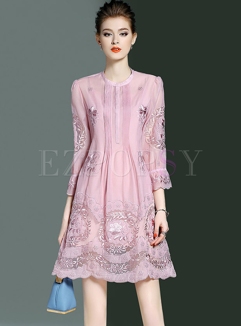 Elegant Hollow Embroidery Flare Sleeve Shift Dress