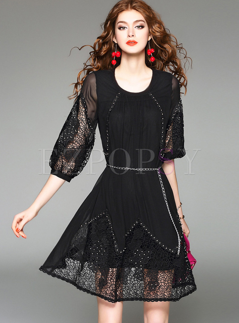 Casual O-neck Lace Half Sleeve Skater Dress