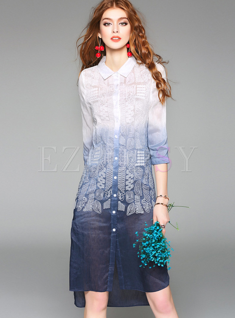 Brief Embroidery Turn Down Collar Shift Dress