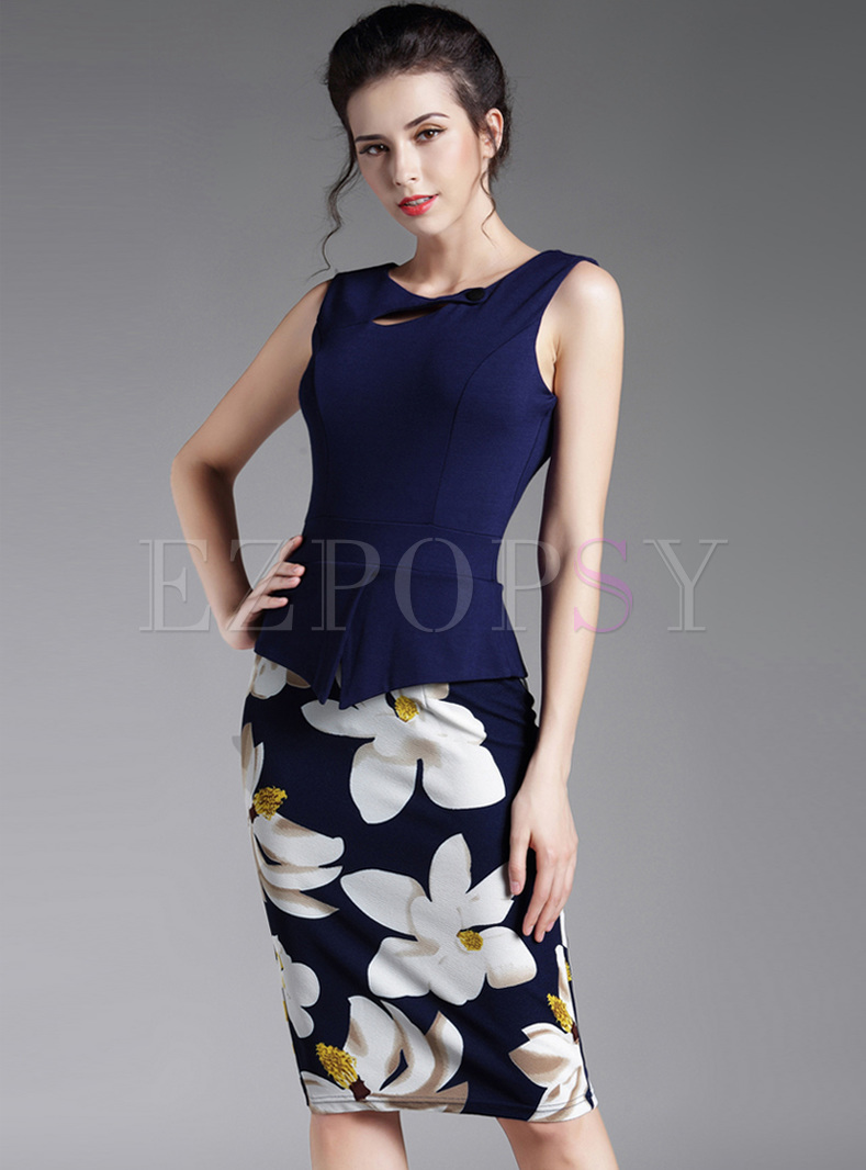 Elegant Flower Print Hollow Slim Bodycon Dress