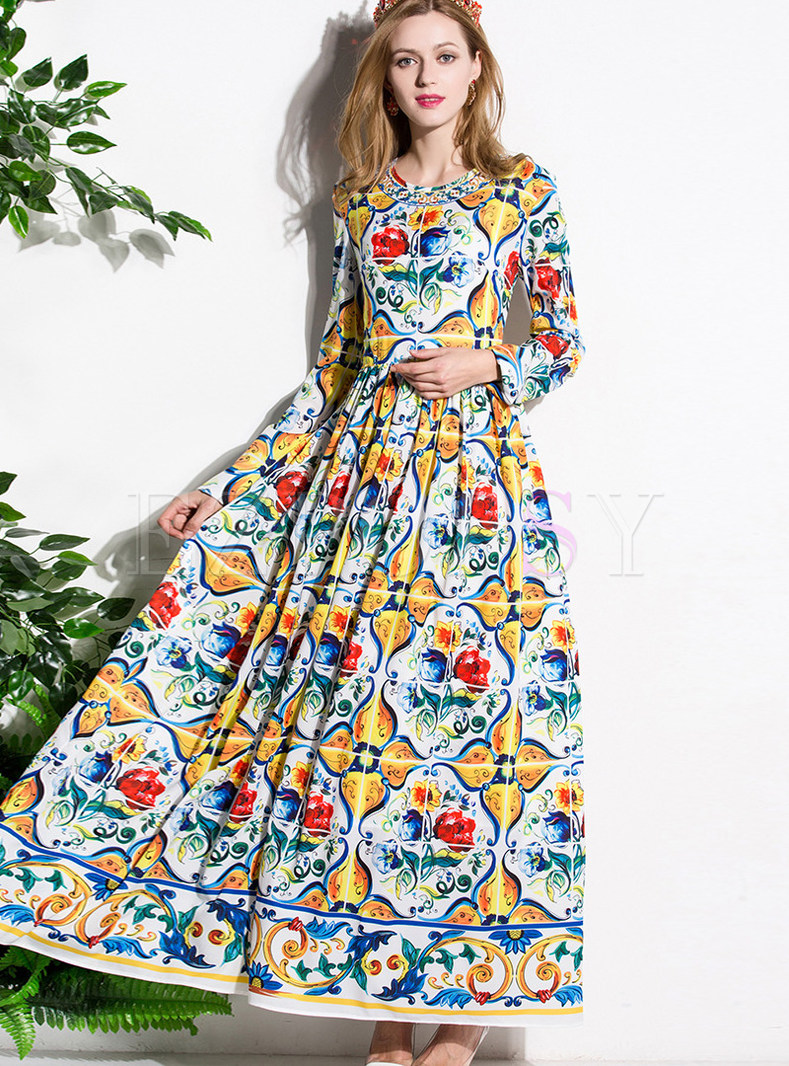 Dresses | Maxi Dresses | Ethnic O-neck Print Maxi Dress