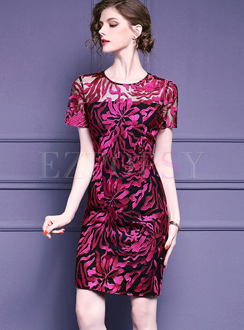 Sexy Hollow Out Embroidery Short Sleeve Bodycon Dress