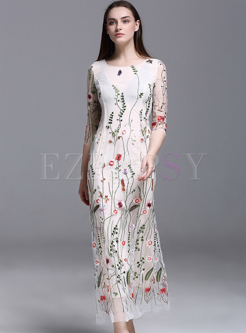 Elegant Half Sleeve Embroidery Mermaid Maxi Dress