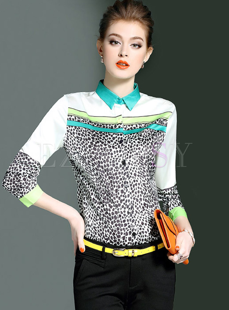 Modern Leopard Hit Color Print Lapel Blouse