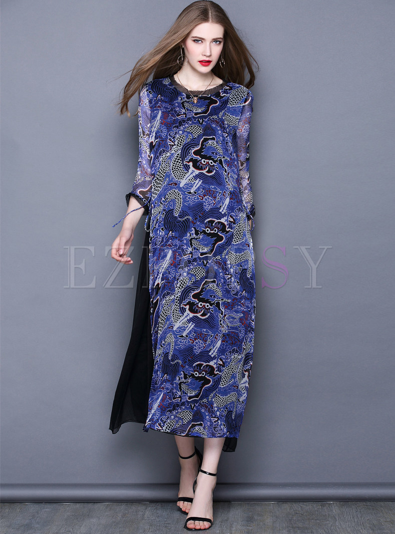 Dresses | Maxi Dresses | Stylish O-neck Slit Print Maxi Dress