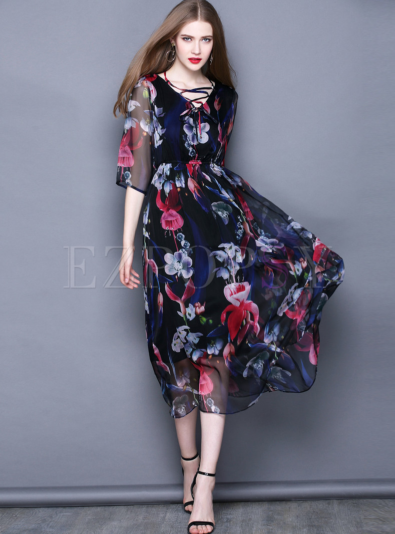 Ethnic V-neck Half Sleeve Print Maxi Dress
