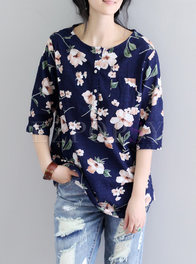 Fashion Flower Print Asymmetric T-shirt