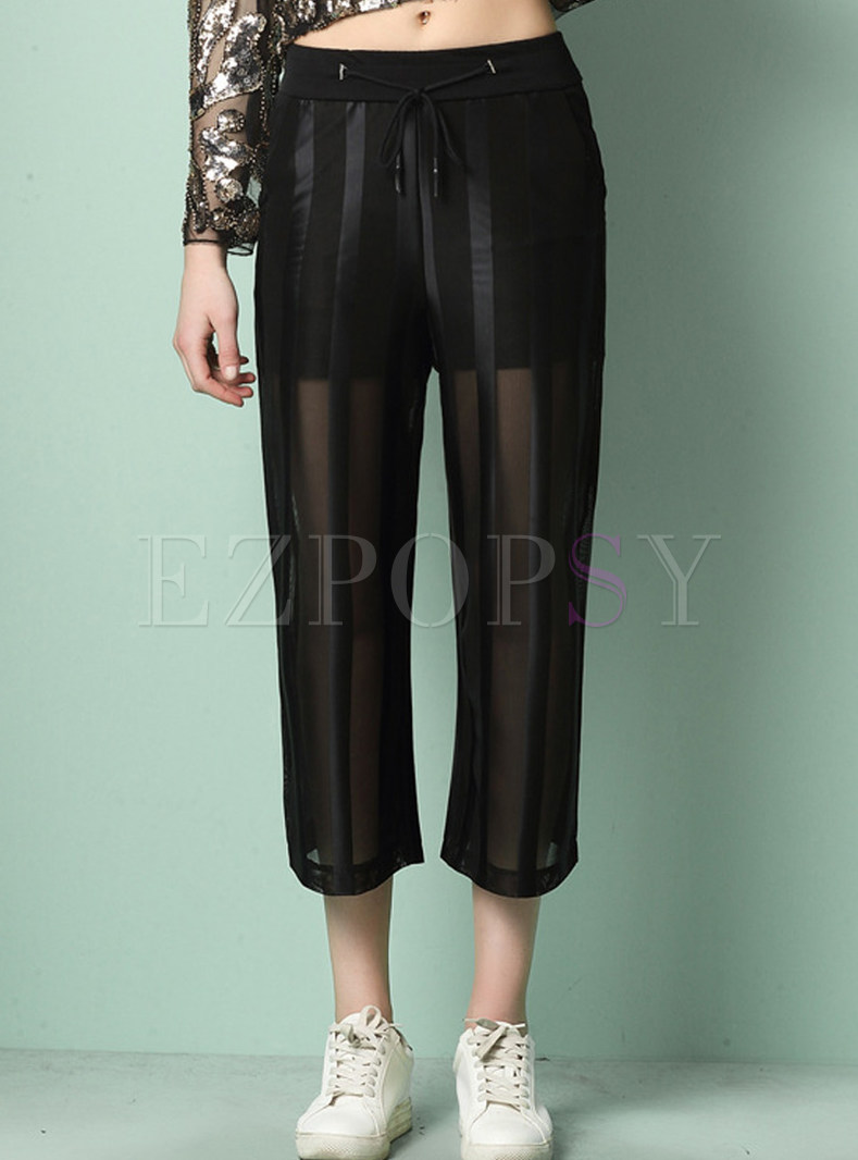 Fashionable Elastic Waist See-through Wide Leg Pants