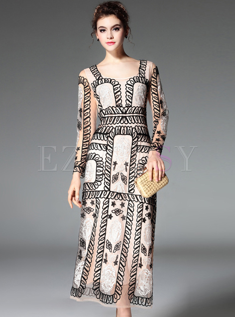 High-end Mesh Patch Embroidery Maxi Dress