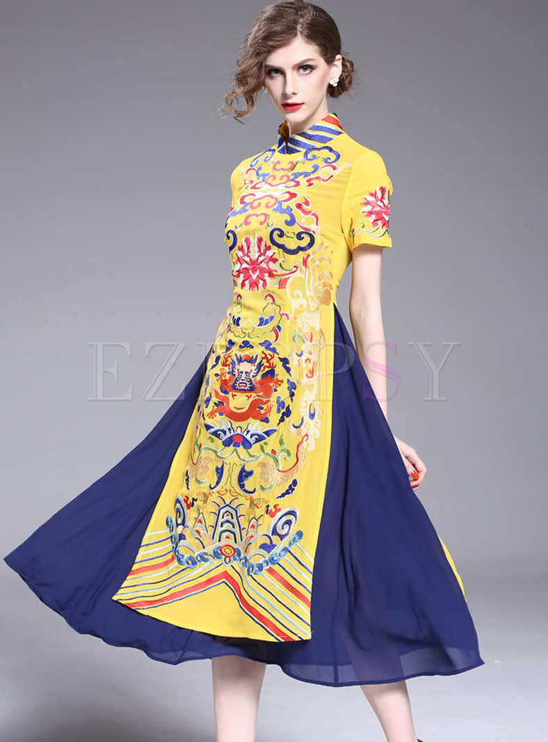 Ethnic Floral Embroidery Asymmetric Patch Skater Dress
