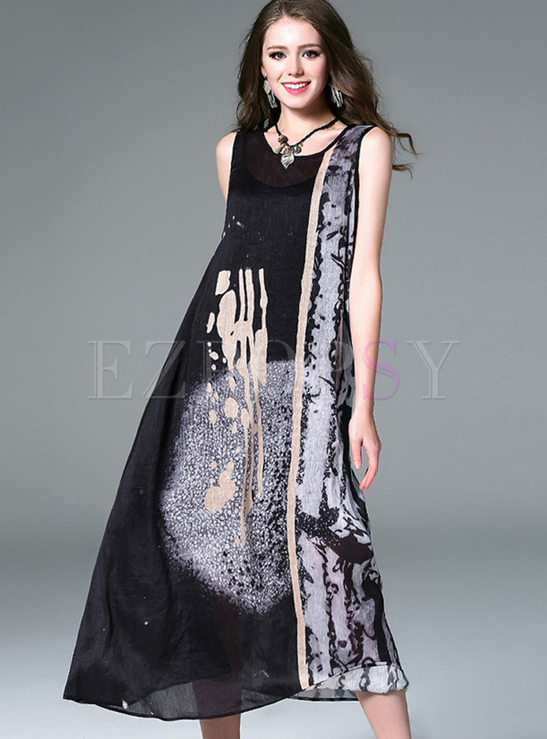 Loose Asymmetric Sleeveless Ink Print Maxi Dress