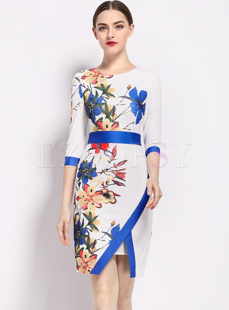 Brief Asymmetric Hem Print Hit Color Bodycon Dress