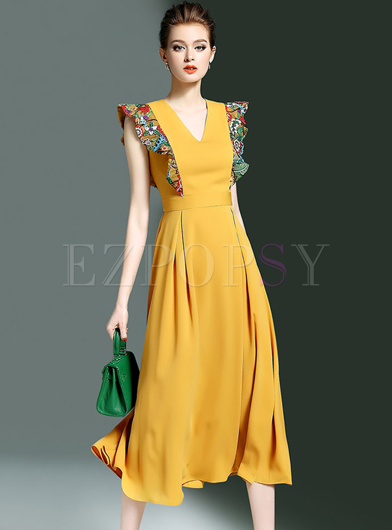 Ethnic Floral EMbroidery High Waist V-neck Maxi Dress