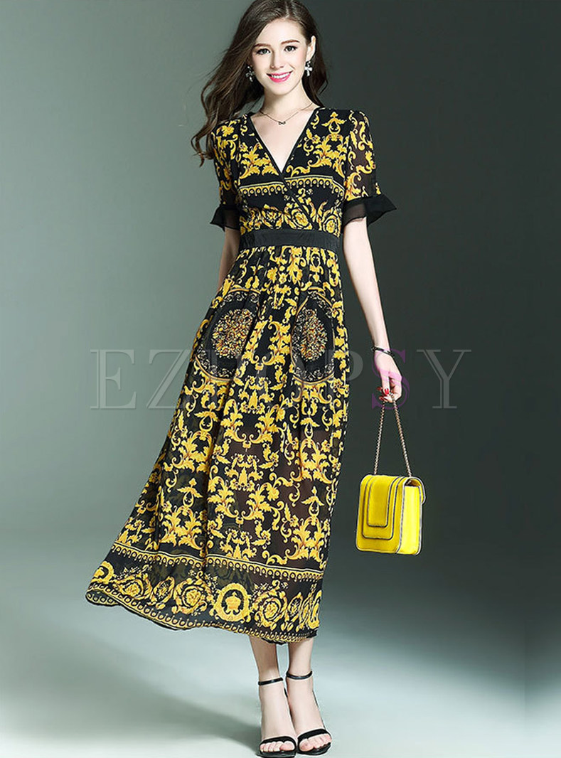 Elegant V-neck Print Maxi Dress