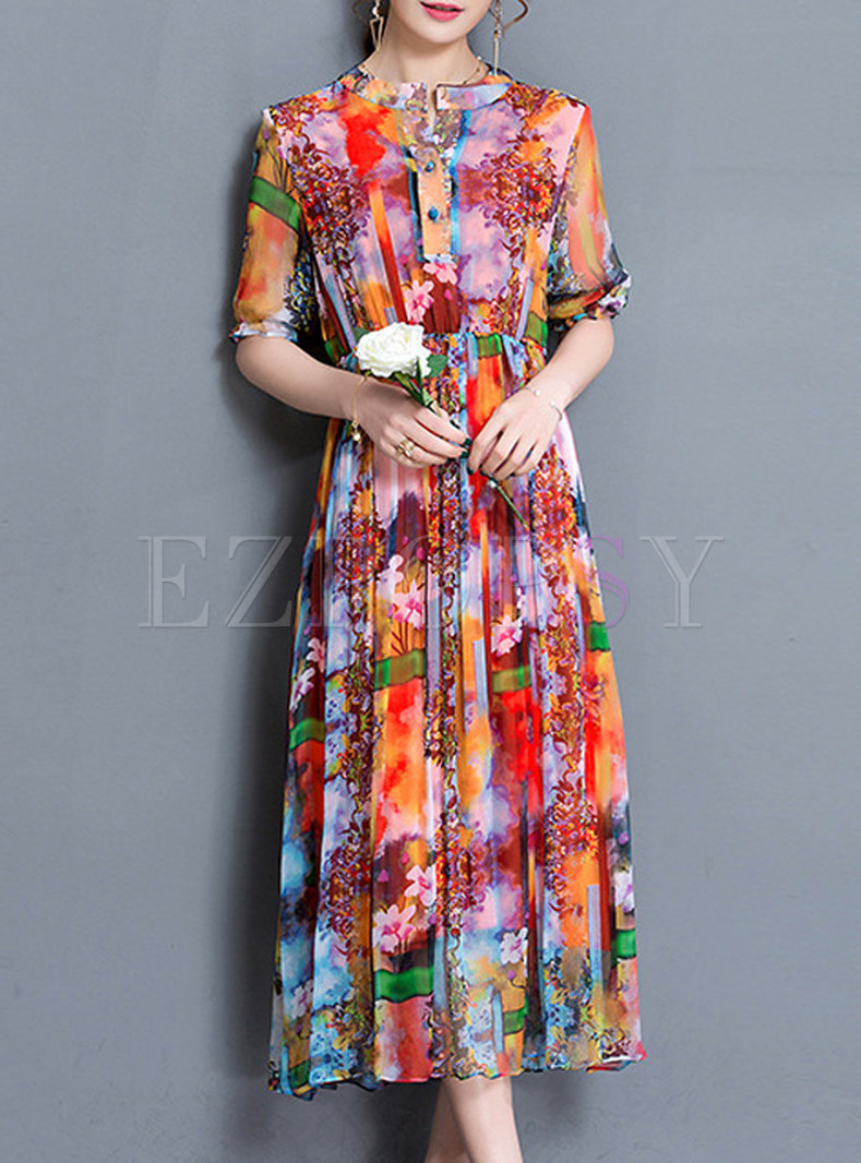 Ethnic Floral Print Short Sleeve Skater Dress
