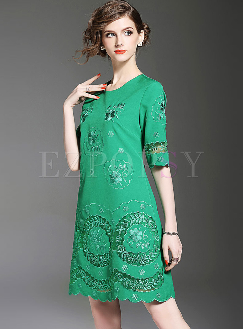 Dresses | Shift Dresses | Elegant Embroidery Half Sleeve Shift Dress