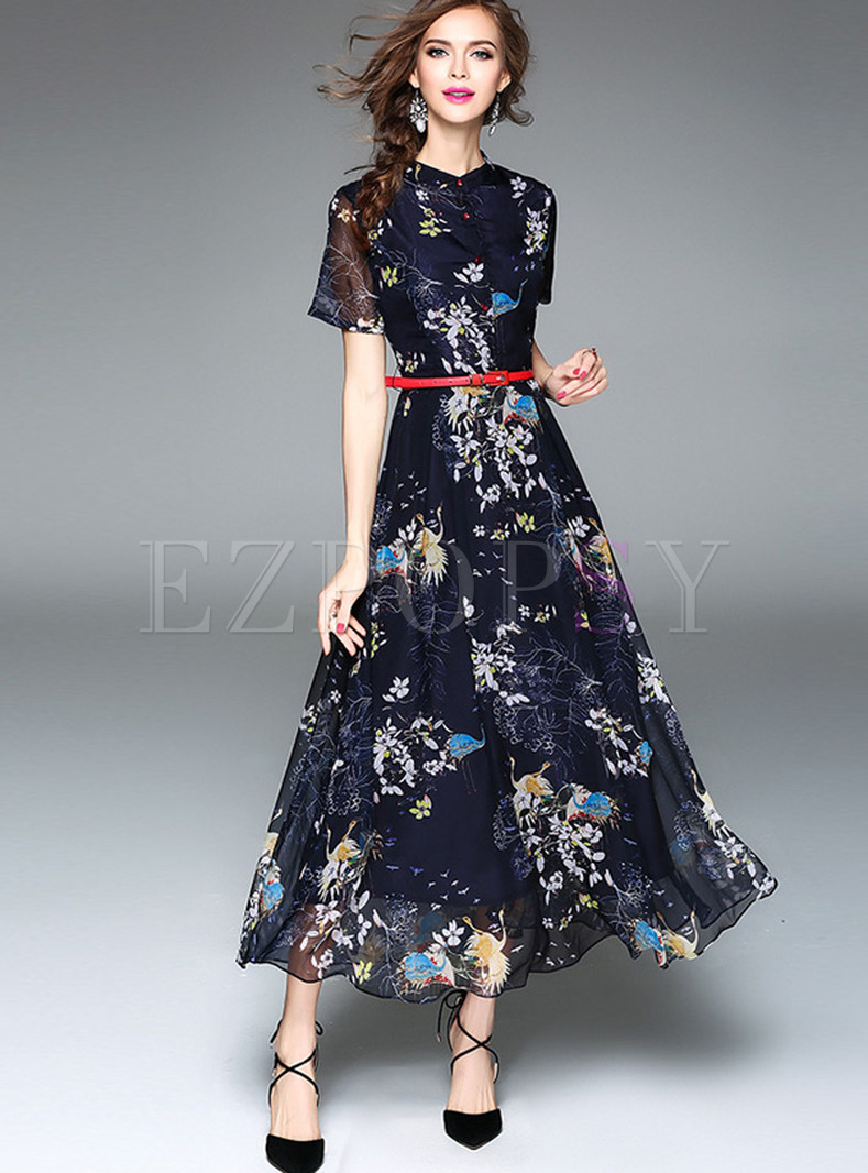 Dresses | Maxi Dresses | Elegant Stand Collar High Waist Maxi Dress