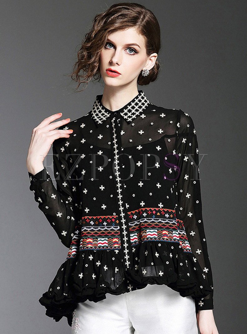 Fashion Embroidery Turn Down Collar Blouse
