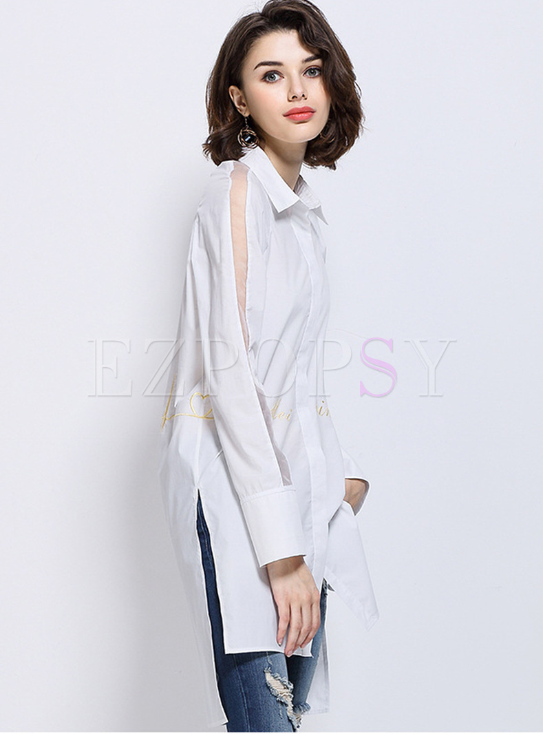 Tops Blouses Sexy Perspective Lapel Asymmetric Blouse 8223