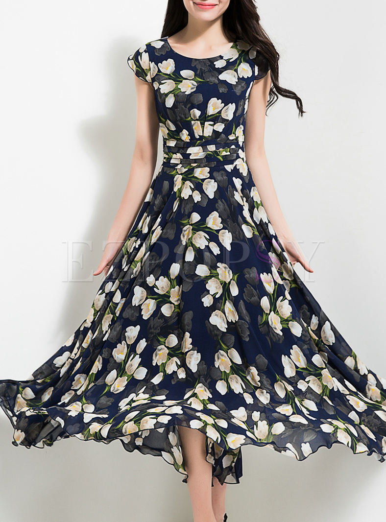 Elegant Flower Print Waist Maxi Dress | Ezpopsy.com