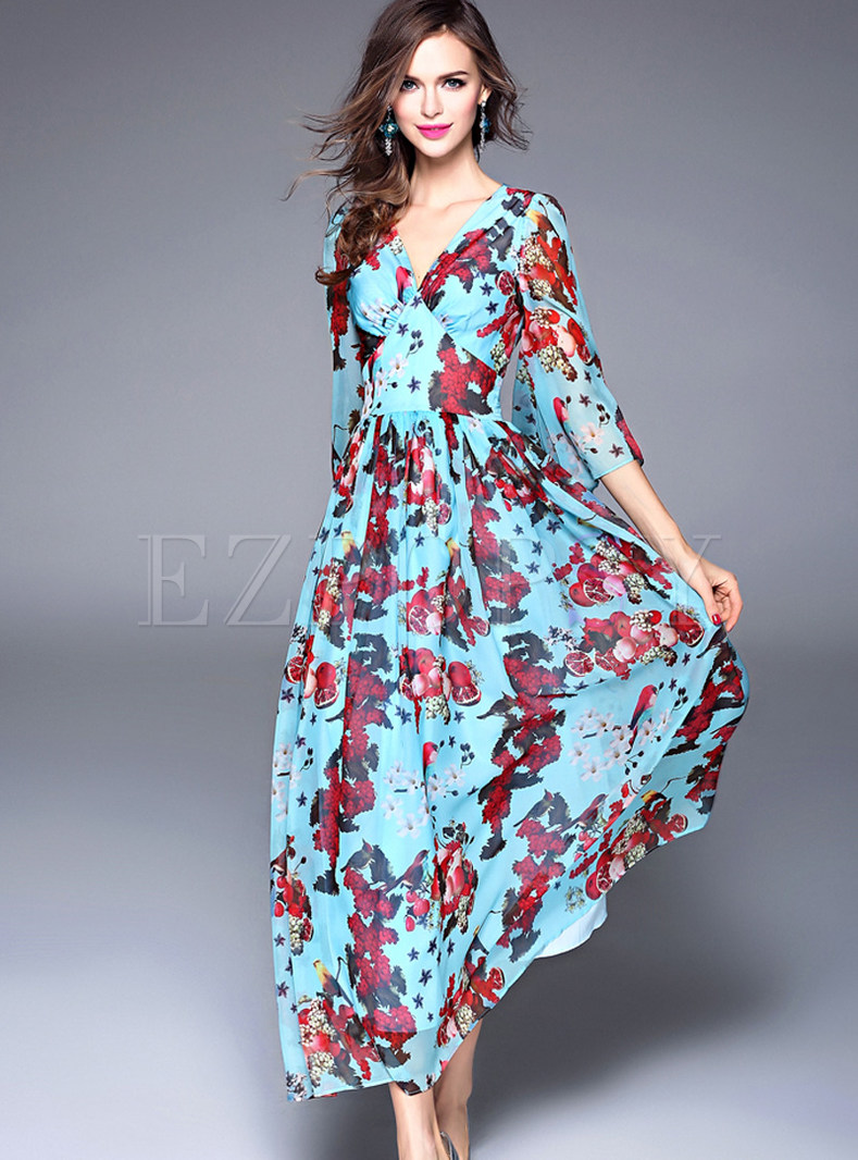 Dresses | Maxi Dresses | Sweet V-neck Print Flare Sleeve Maxi Dress