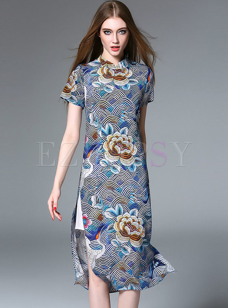 Dresses | Bodycon Dresses | Ethnic Floral Print Silk Short Sleeve ...