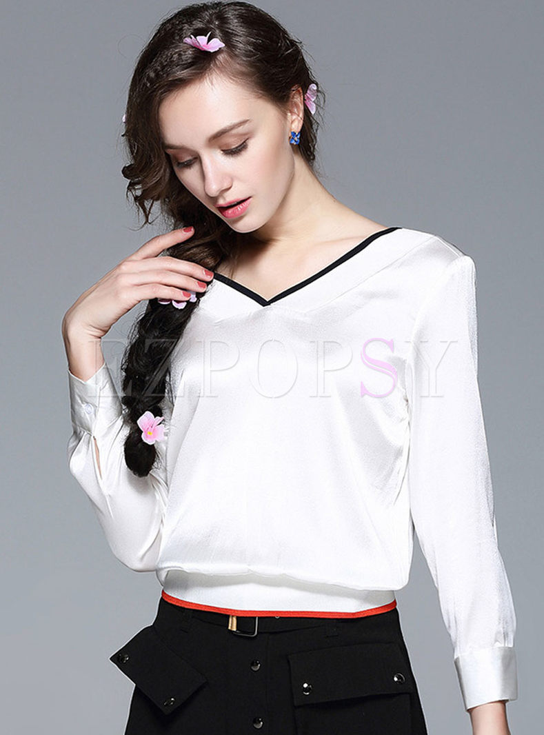 Causal Silk V-neck Long Sleeve T-shirt