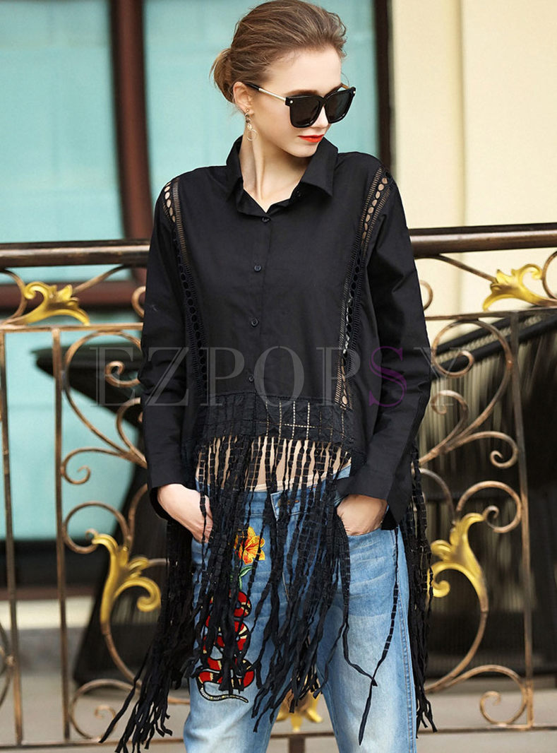 Stitching Hollow Out Long Sleeve Blouse