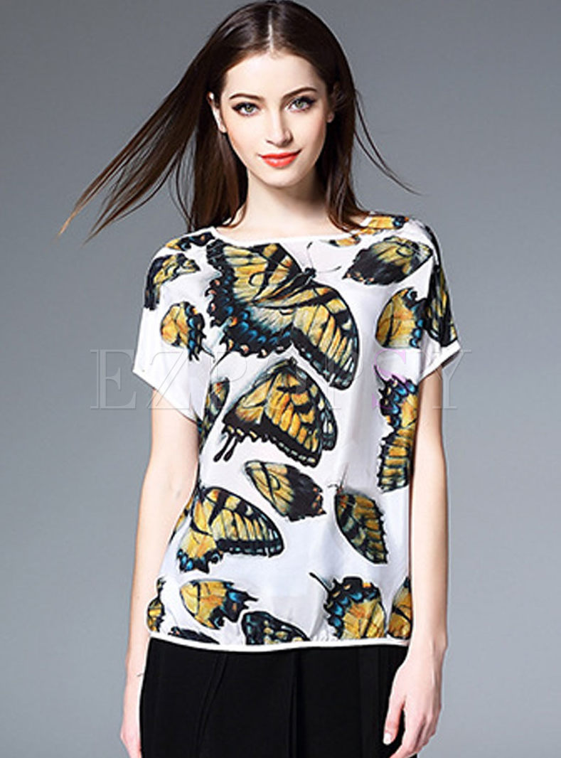 Silk Butterfly Print Short Sleeve T-shirt