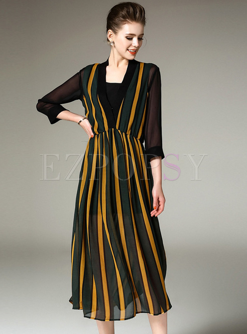 Elegant Stripe Stitching Print Skater Dress