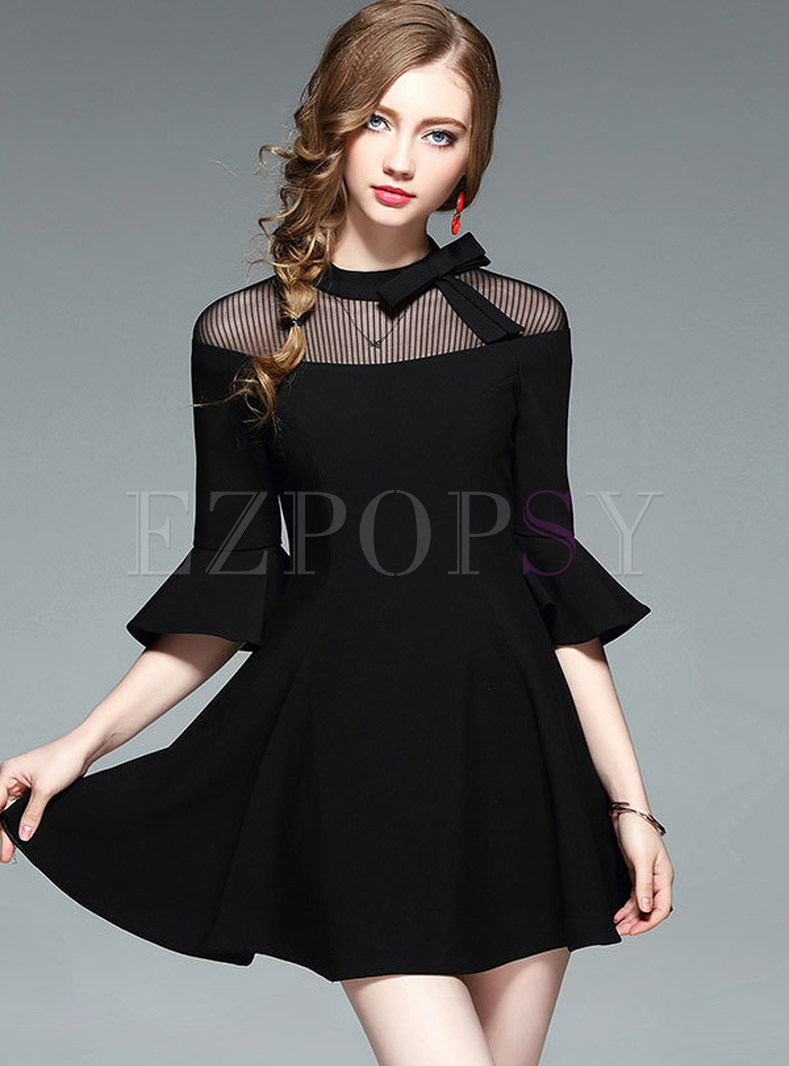 Sexy Mesh Bowknot Patch Flare Sleeve Skater Dress