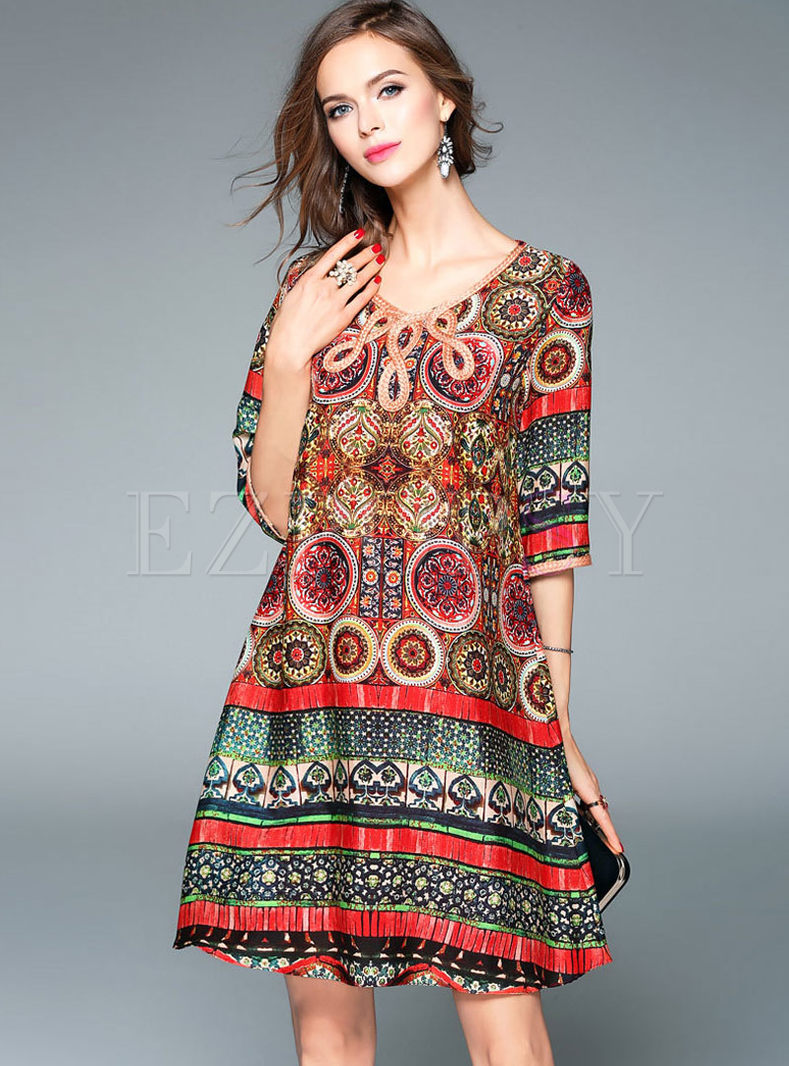 Ethnic Floral Print Half Sleeve Shift Dress