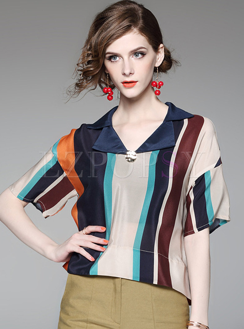 Fashion Turn Down Collar Stripe Blouse