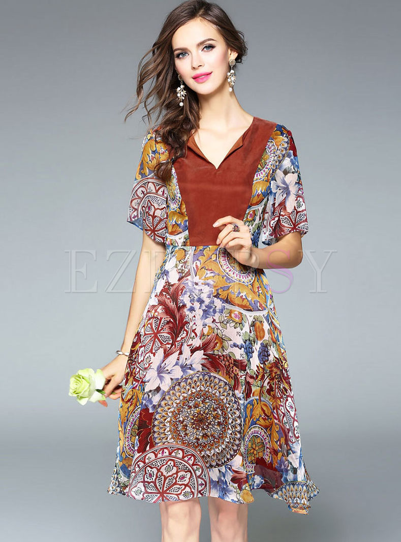 Dresses | Skater Dresses | Bohemian Floral Print Short Sleeve Skater Dress