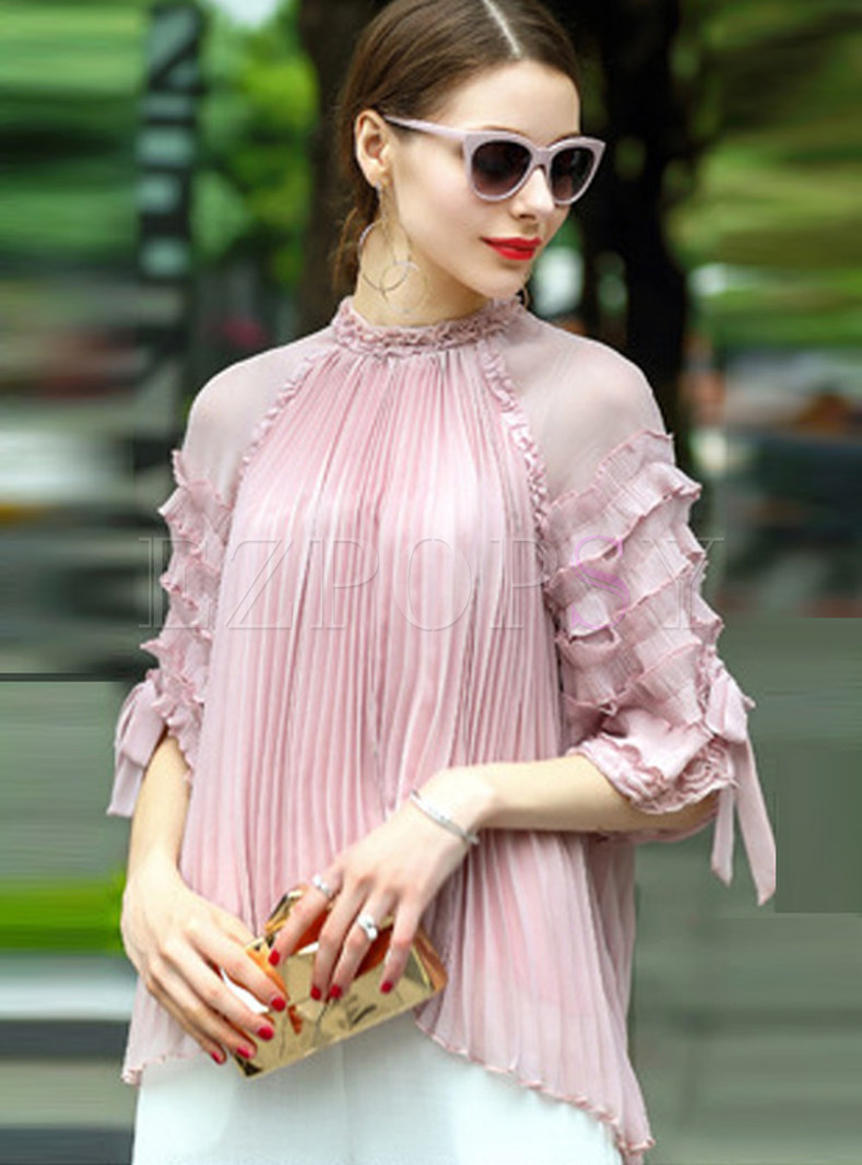 Sweet Loose Lantern Sleeve Stand Collar Blouse With Camis