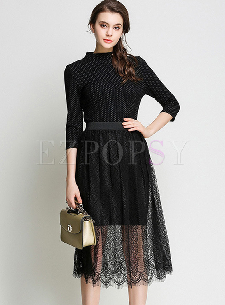 Dot Print Stand Collar Bodycon Dress & Lace See Through Skirt