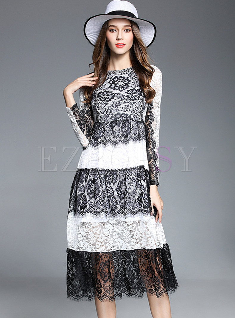 Lace Stitching Hit Color Long Sleeve Skater Dress