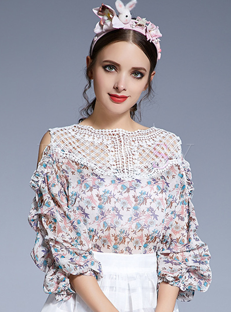 Tops | Blouses | Chiffon Lace Stitching Loose Three Quarters Sleeve Blouse