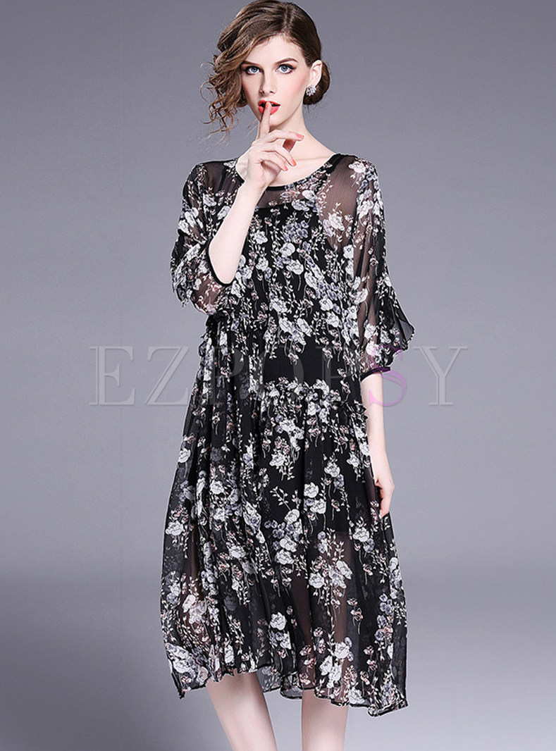 Dresses | Shift Dresses | Mesh See Through Floral Print Half Sleeve ...