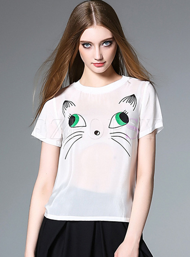 Cute Cat Design Short Sleeve White T-shirt