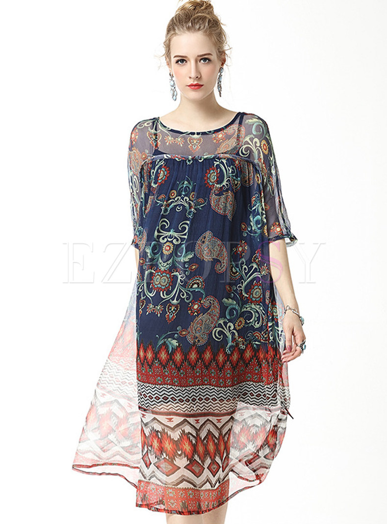 Ethnic Floral Print Silk Half Sleeve Shift Dress