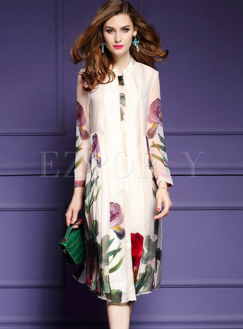 Dresses | Shift Dresses | Floral Print Silk Long Sleeve Shift Dress