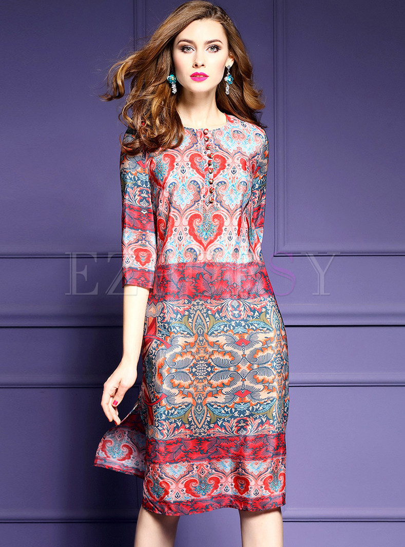 Dresses | Shift Dresses | Ethnic Print Loose Silk Half Sleeve Shift Dress