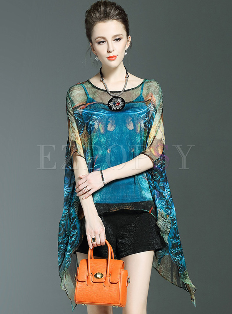 Loose Silk Batwing Sleeve See Through Blouse With Camis
